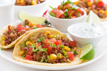 Mexican snack - tortilla with chili con carne and tomato salsa o
