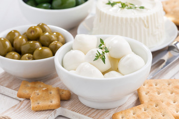 soft cheeses, crackers and pickles, close-up © cook_inspire