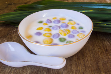 Dumplings in coconut cream (Bua Loi) on Thai silk, Dessert of Th