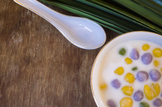 Dumplings in coconut cream (Bua Loi) on Thai silk, Dessert of Th