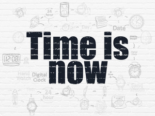 Timeline concept: Time is Now on wall background