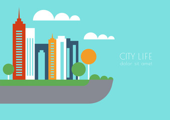 Vector city buildings and trees silhouette, abstract flat backgr