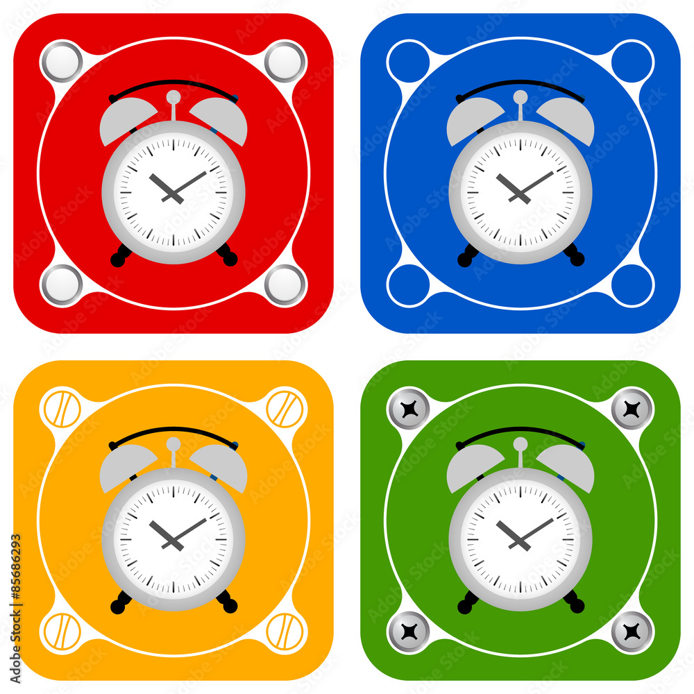 Poster set of four colored flat simple frames and alarm clock