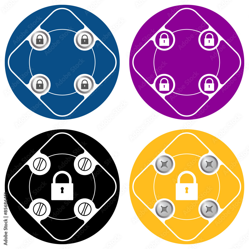 Poster set of four colored flat simple frames and padlock