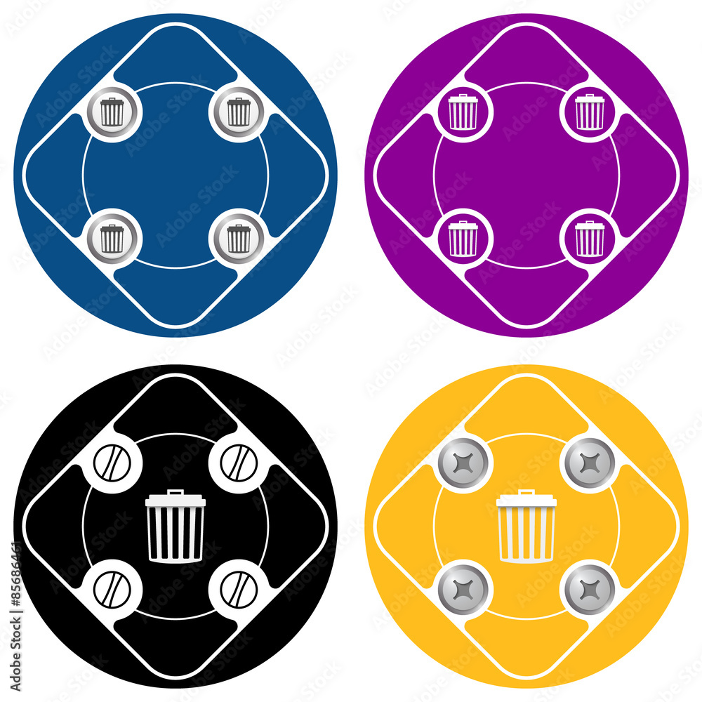 Poster set of four colored flat simple frames and trashcan