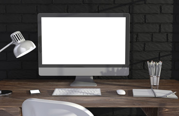 Fototapeta premium 3D illustration PC screen on table in office, Workspace