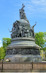 Obraz premium The Millennium of Russia monument in the Novgorod Kremlin, Russia. It was erected in 1862 to celebrate the millennium of Rurik's arrival to Novgorod, the starting point of the Russian statehood.