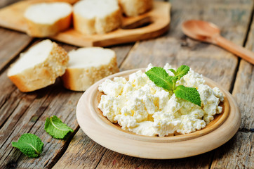 homemade ricotta with bread decorated with mint