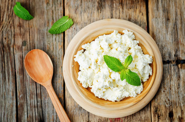 homemade ricotta with bread decorated with mint