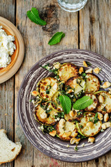 zucchini Basil mint cashews salad with ricotta and fresh bread