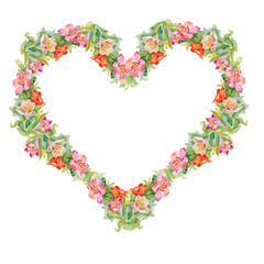 Colorful floral frame in shape of heart on white background