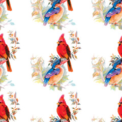 Watercolor hand drawn seamless pattern with tropical summer flowers and birds