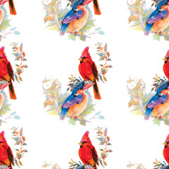 Watercolor hand drawn seamless pattern with tropical summer flowers and birds