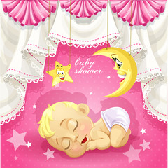 Pink baby shower card with sweet sleeping newborn baby