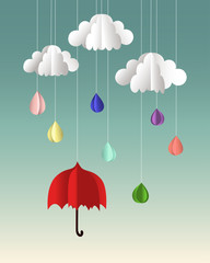 Vector paper clouds, drops and umbrella