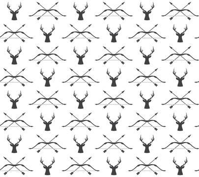 Vector Seamless Vintage Hunting Pattern With Deer And Bow