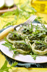 Fried vegetable marrow with sauce pesto.