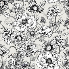 Monochrome Floral Seamless Pattern with Blooming Poppies 