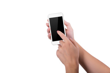 Girl presses index finger on the white phone screen