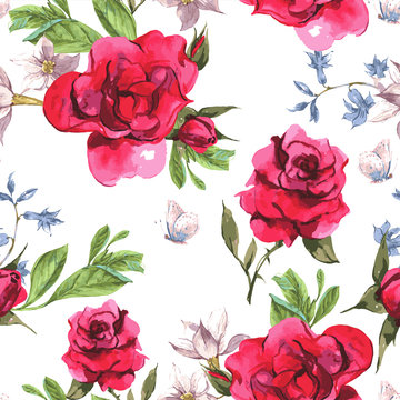 Fototapeta Fototapeta Akwarela z kwitnącymi czerwonymi różami XXL