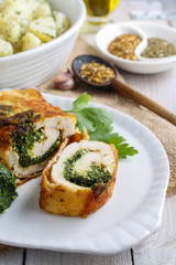 Chicken roll stuffed with spinach and roasted mushrooms