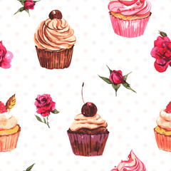 Watercolor vintage seamless background with cupcakes and flowers