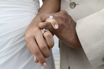 Up close shot of a wedding ring on a white female's hand and a wedding band on an Indian man's hand as the two newly weds hold hands and cross pinky fingers. - Powered by Adobe