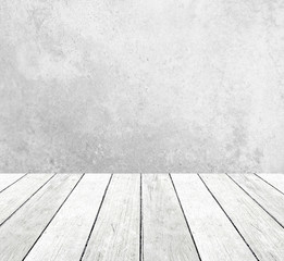 Grunge cement wall and perspective wood background,product display, template, room, table.