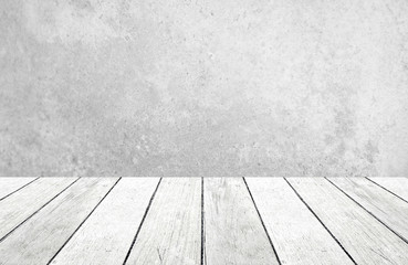 Fototapeta premium Grunge cement wall and perspective wood background,product display, template, room, table.