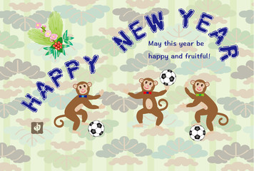 可愛い猿とサッカーボールの年賀状テンプレート