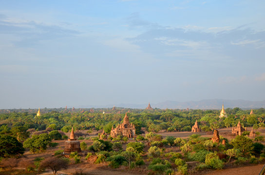 Landscape of Bagan Archaeological Zone in sunrise time