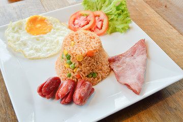 Fried rice with mixed vegetables and Cashew nuts, serve with ham