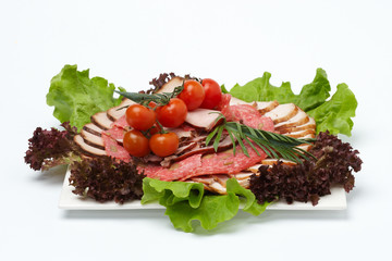 Meat and vegetables on white plate