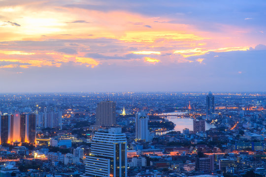Bangkok city night view with sunset sky
