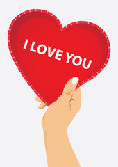 right hand holding red heart with  text, vector illustration