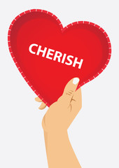 right hand holding red heart with cherish text, vector illustration