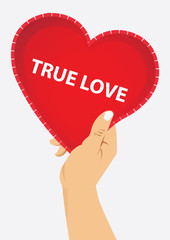 right hand holding red heart with true love text, vector illustration