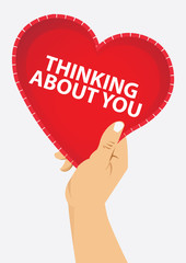 right hand holding red heart with thinking about you text, vector illustration