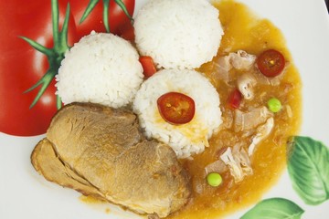 Slice roast pork with rice and sauce. Preparing homemade food. Delicious home-cooked meal for one person.
