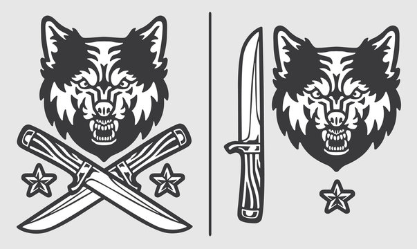 Wolf Head with Crossed Knives Logo Emblem