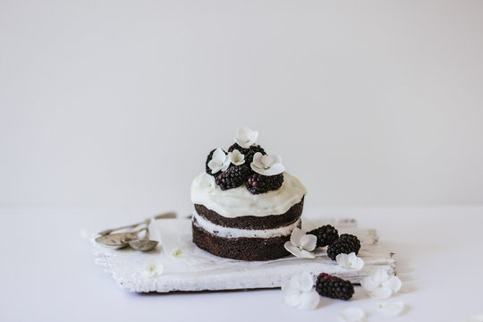 Small chocolate sponge cake with blackberries and flowers