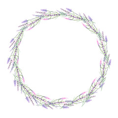 Wreath of lavender painted with watercolors on a white background , decoration postcard or invitation