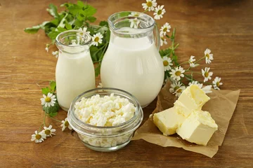 Papier Peint photo Produits laitiers assortiment de produits laitiers (lait, beurre, crème sure, yaourt) nature morte rustique