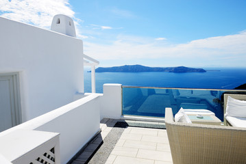 Fototapeta na wymiar The sea view terrace at luxury hotel, Santorini island, Greece