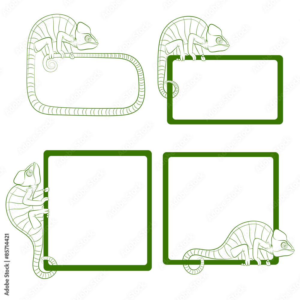 Poster set of icons with green chameleon. isolated objects on a white background. vector illustration.