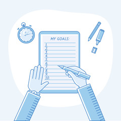 Business goals checklist. Vector flat linear icon. To do list