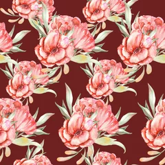 Meubelstickers Seamless pattern with red flowers and green leaves painted with watercolors on a vinous background © nastyasklyarova