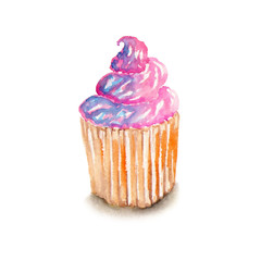 Tasty, bright and sweet muffin with a purple cream, painted in watercolor, on a white background