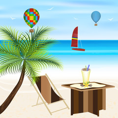 Summer holiday on the beach. Palm tree, flying balloons, sailboat, lounger and beach table. Vector illustration.