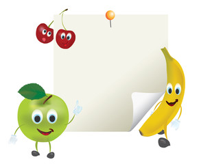 Illustration of Cartoon Fruits with Sticky Blank Note